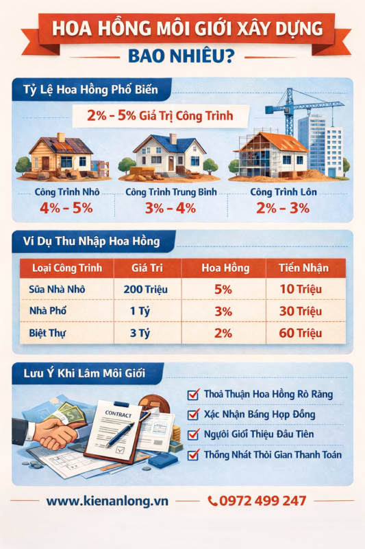 Hoa Hồng Môi Giới Xây Dựng Bao Nhiêu? Mức Phí Giới Thiệu Công Trình Nhà Ở Mới Nhất 3 Tùy theo quy mô công trình, loại hình xây dựng và mức độ tham gia của người môi giới, tỷ lệ phí môi giới xây dựng thường dao động từ 1% đến 5% giá trị hợp đồng thi công
