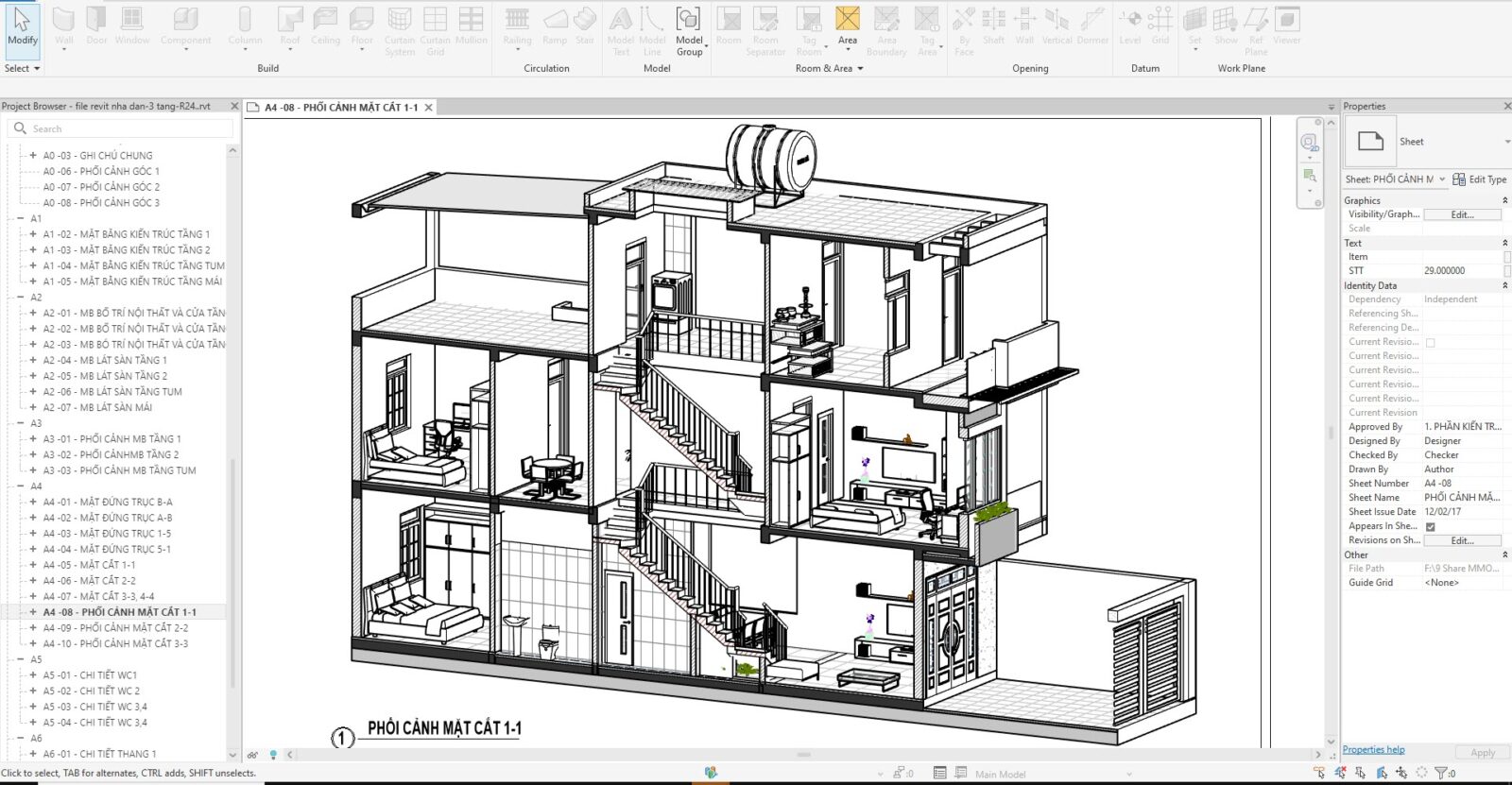 File Revit Nhà Dân 3 Tầng R24 Kèm PDF Bản Vẽ Đầy Đủ 10 3d mat cat file revit nha dan 3tang