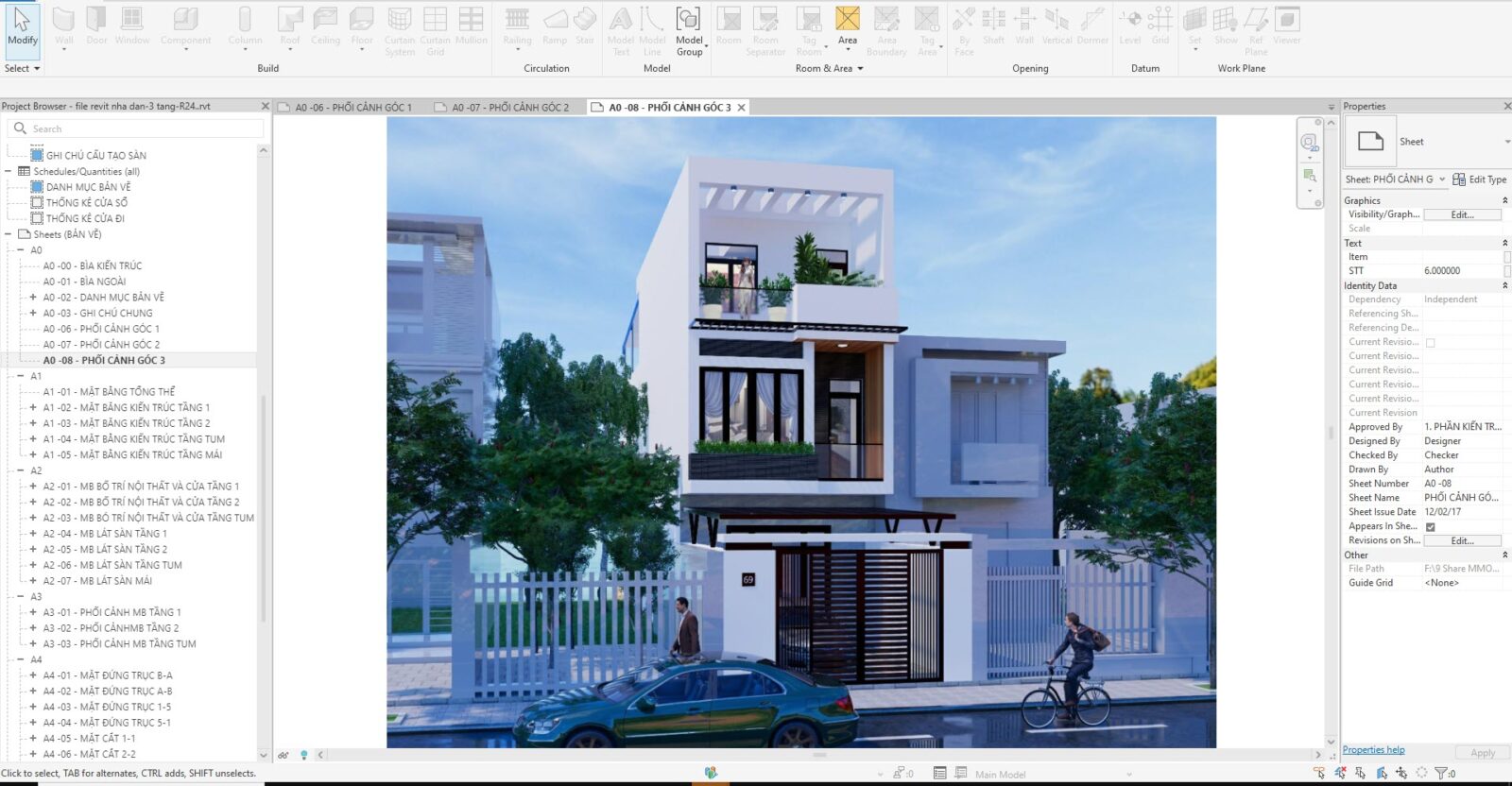 File Revit Nhà Dân 3 Tầng R24 Kèm PDF Bản Vẽ Đầy Đủ 5 3d phoi canh 3 file revit nha dan 3tang