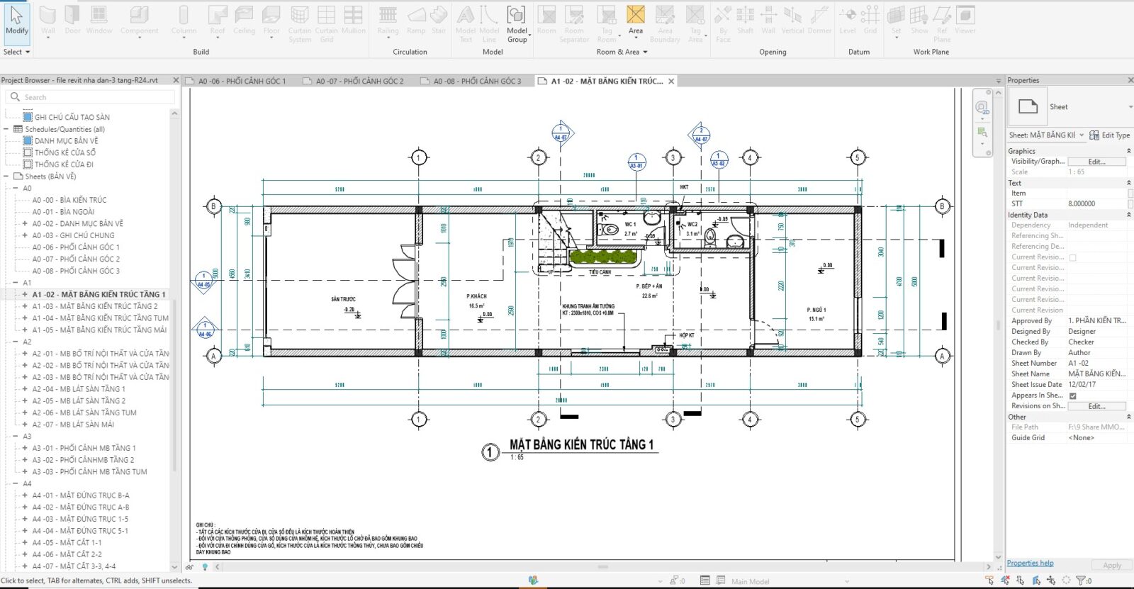 File Revit Nhà Dân 3 Tầng R24 Kèm PDF Bản Vẽ Đầy Đủ 6 mat bang tang 1 file revit nha dan 3tang
