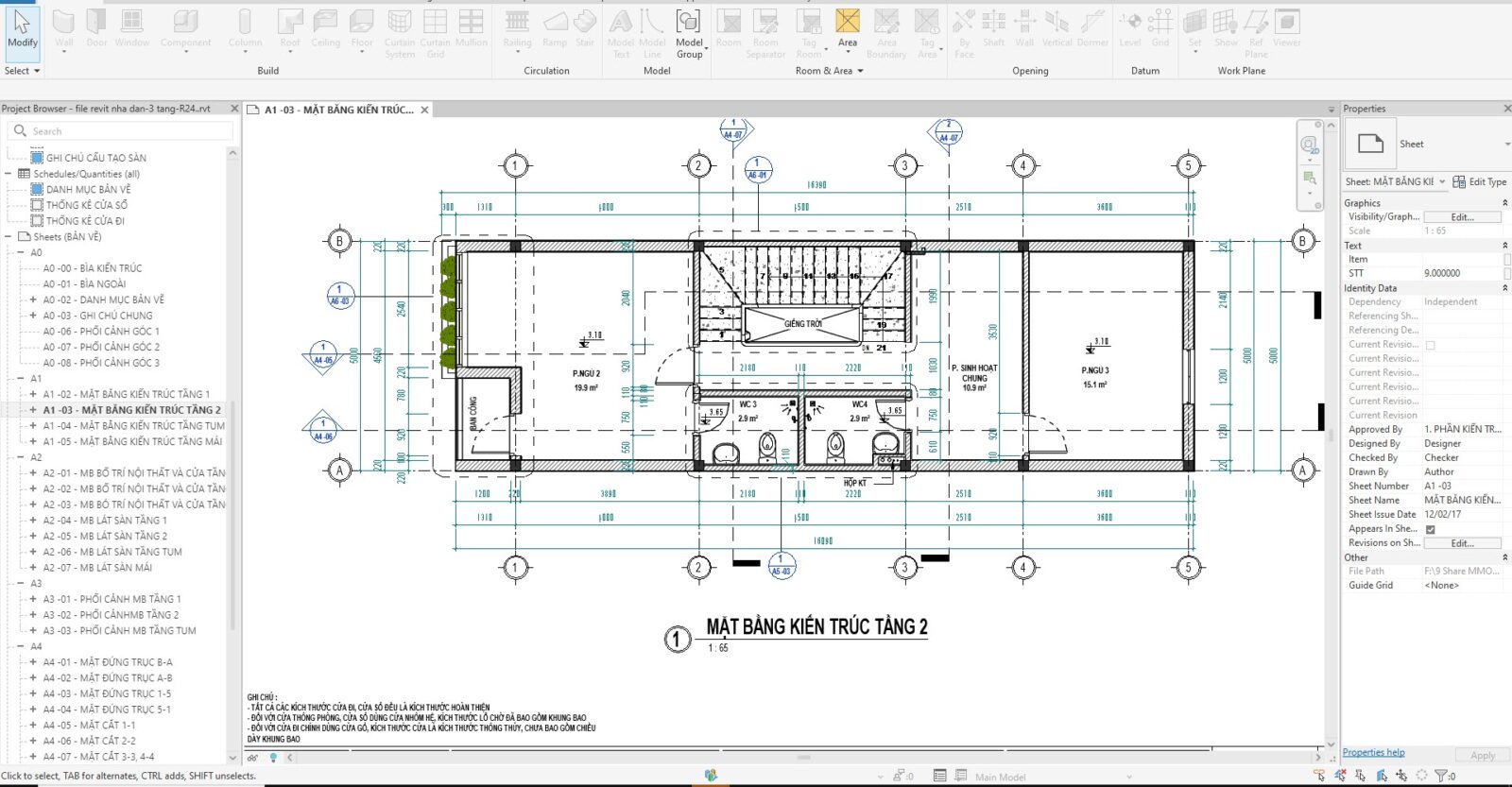 File Revit Nhà Dân 3 Tầng R24 Kèm PDF Bản Vẽ Đầy Đủ 7 mat bang tang 2 file revit nha dan 3tang
