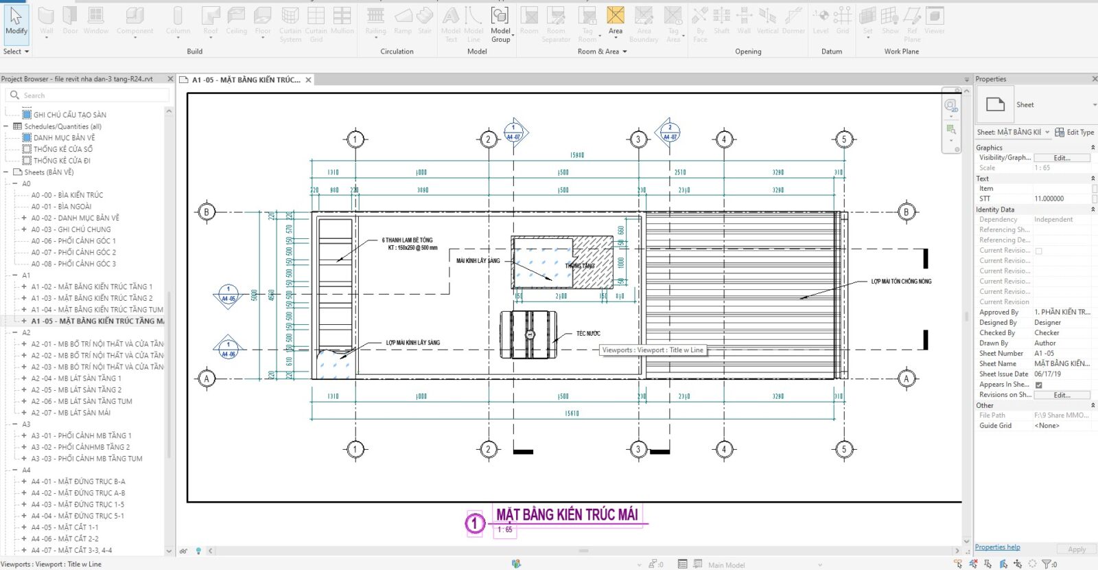 File Revit Nhà Dân 3 Tầng R24 Kèm PDF Bản Vẽ Đầy Đủ 9 mat bang tang mai file revit nha dan 3tang