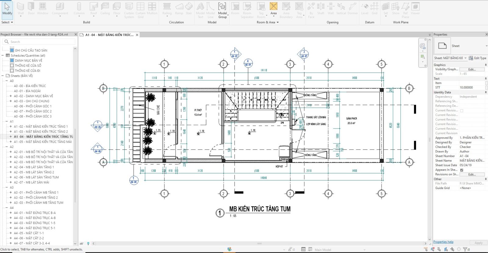 File Revit Nhà Dân 3 Tầng R24 Kèm PDF Bản Vẽ Đầy Đủ 8 mat bang tang tum file revit nha dan 3tang