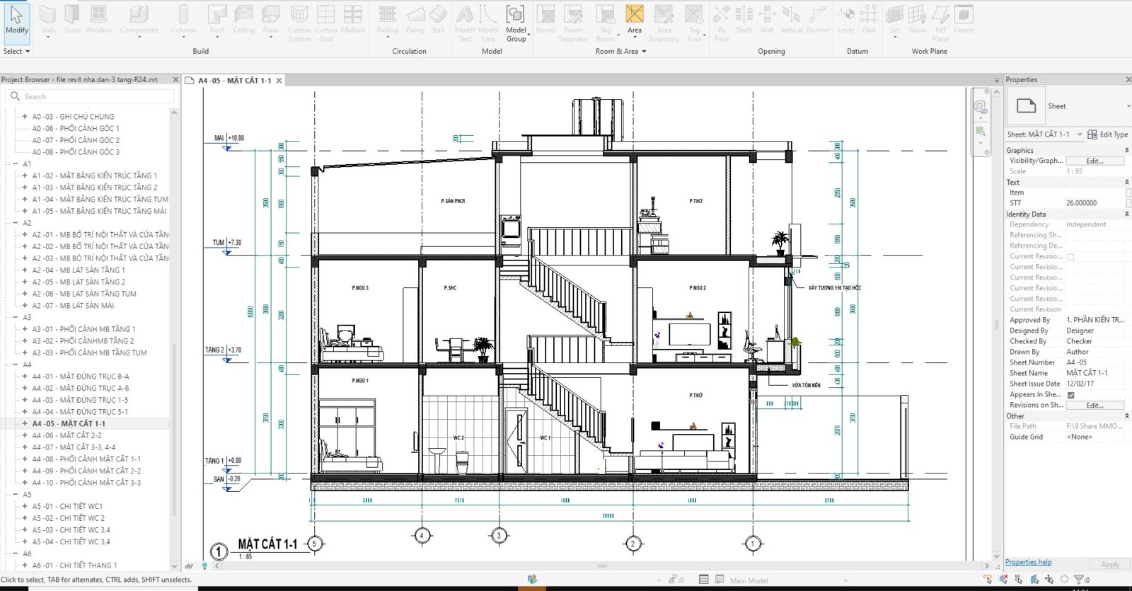 File Revit Nhà Dân 3 Tầng R24 Kèm PDF Bản Vẽ Đầy Đủ 11 mat cat file revit nha dan 3tang